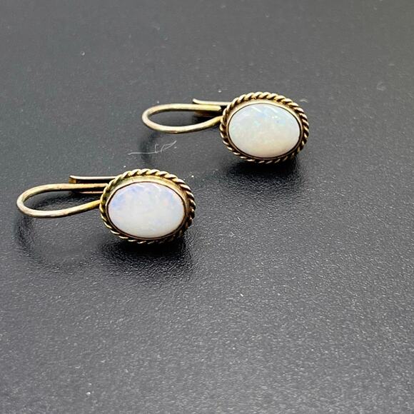 Designer Signed Oval Opal Cabochon Sterling Silver Vermeil Lever back Earrings - Picture 1 of 10